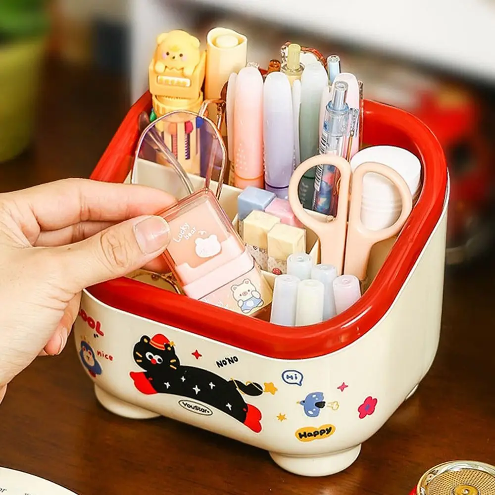 New Multi Grid Penholder Cartoon Pattern with Stickers Table Storage Box Large Capacity Makeup Brush Organizer Box