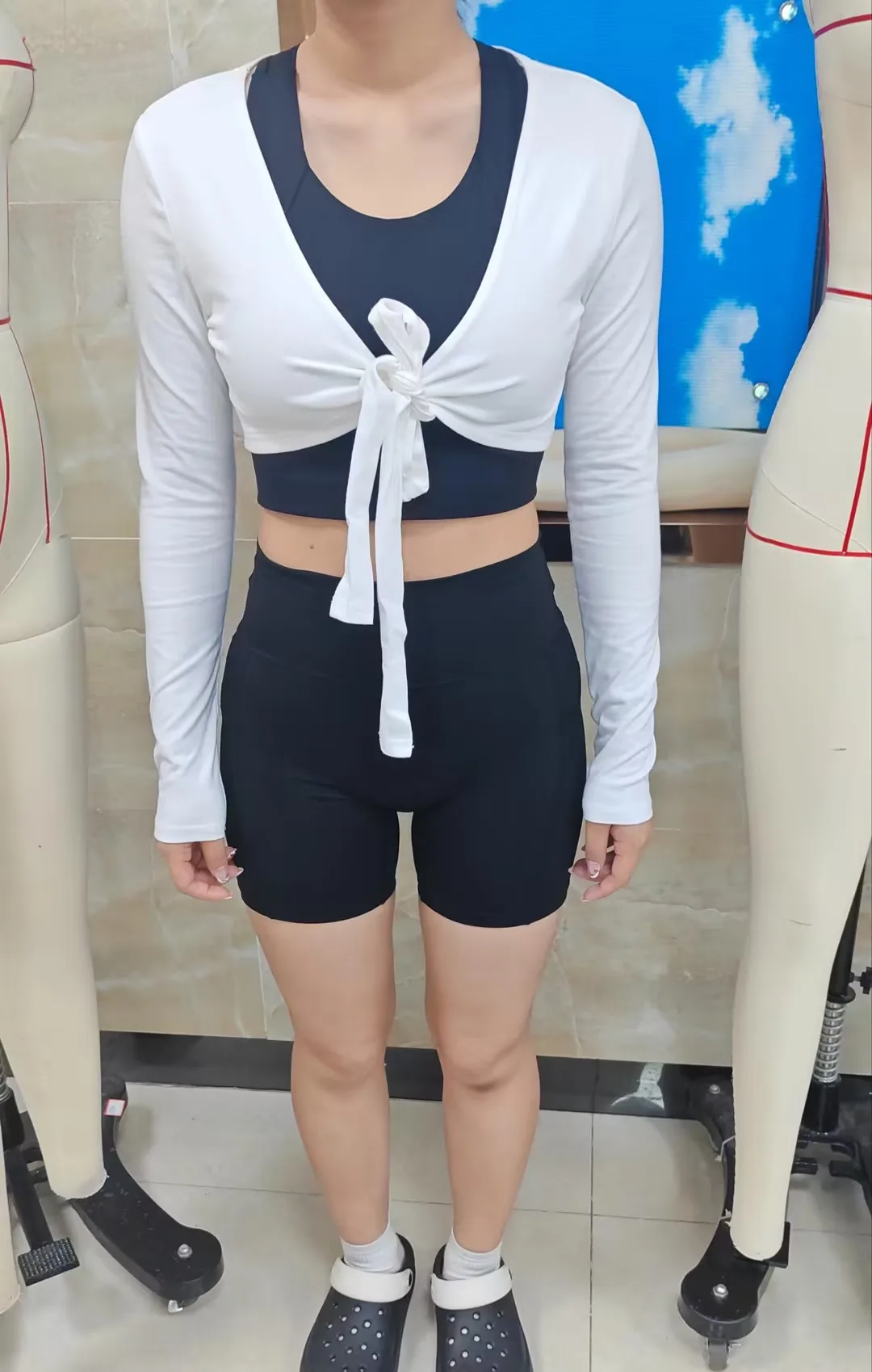 Women Fairycore Crop Tops Tie Front Deep V Neck Long Sleeve Slim Fit Casual Shirt