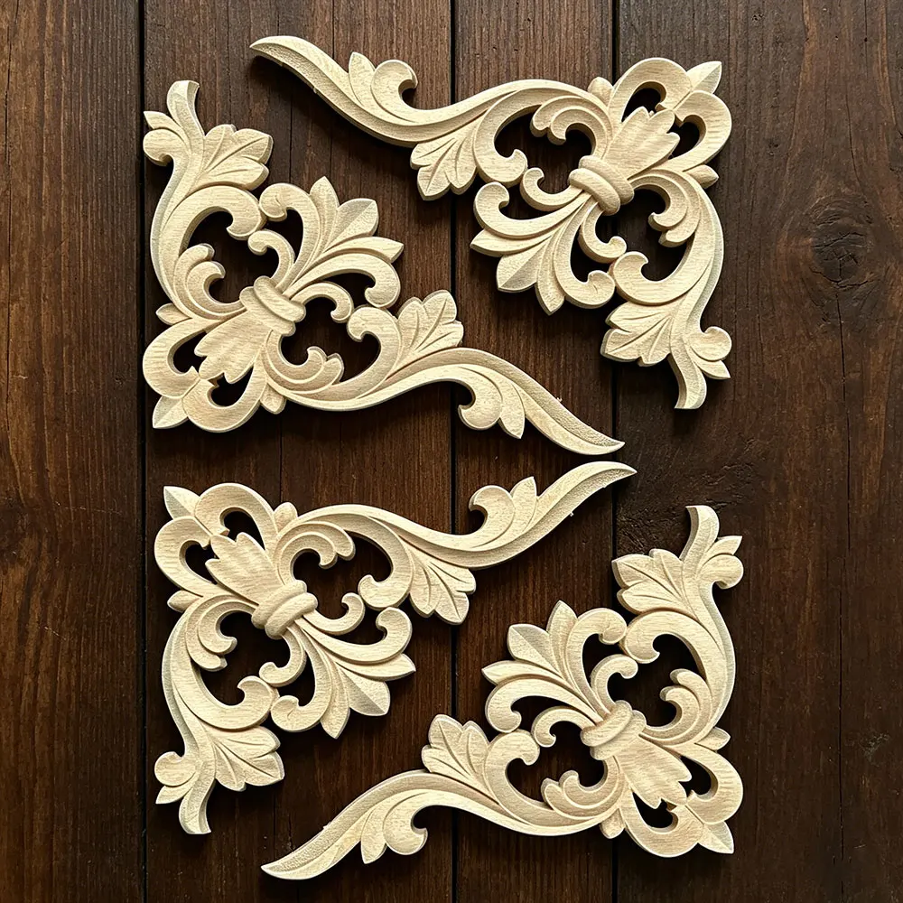2-個-27-センチメートル木彫りコーナーデカール未塗装天然木デカールオーク三角形オンレイアップリケフレームホーム-3d-花装飾金具
