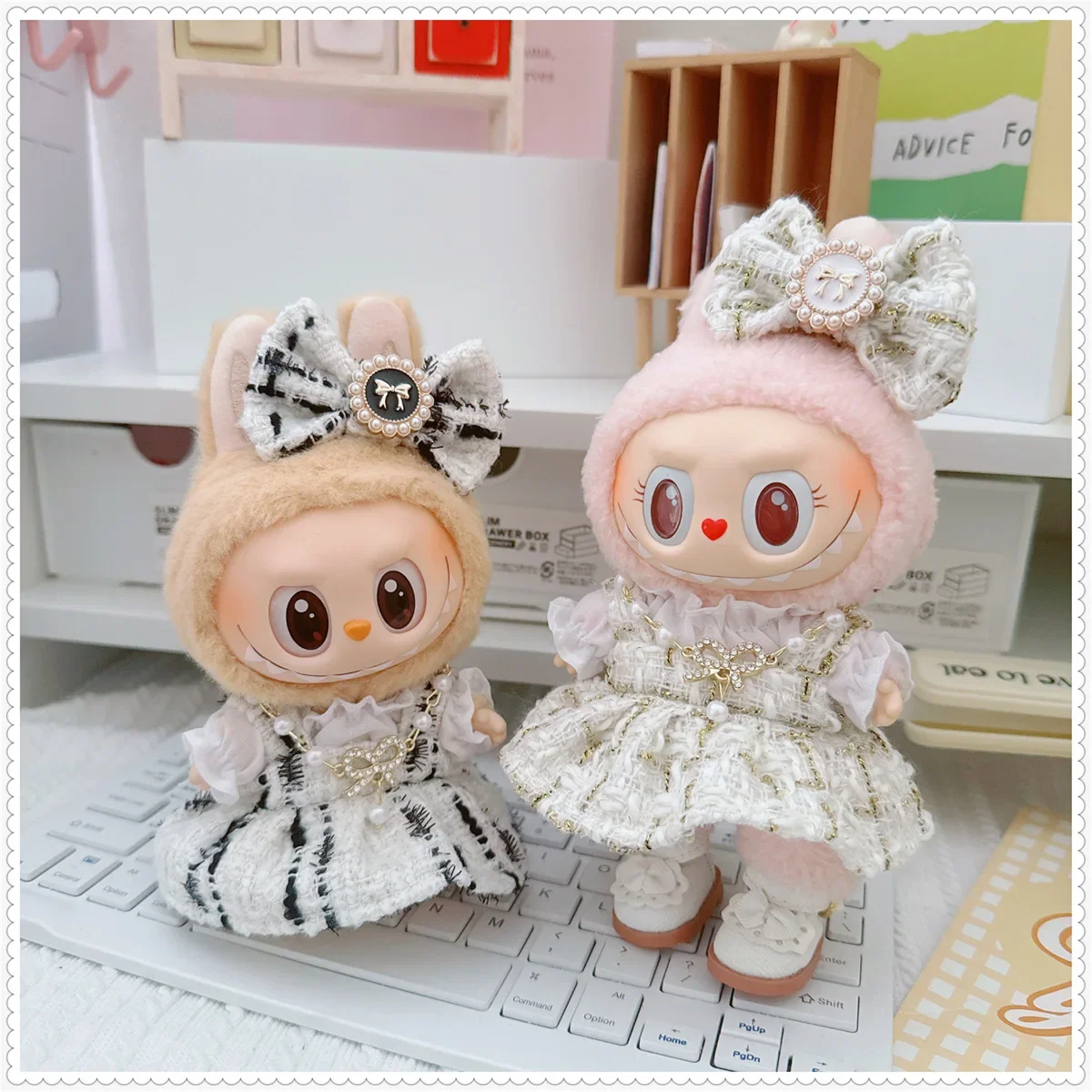 

17cm Labubu Doll Accessories Clothes Advanced Luxury Design Sweet Woolen Shawl Suit Skirt Labubu Clothes Messenger Bag Loafers