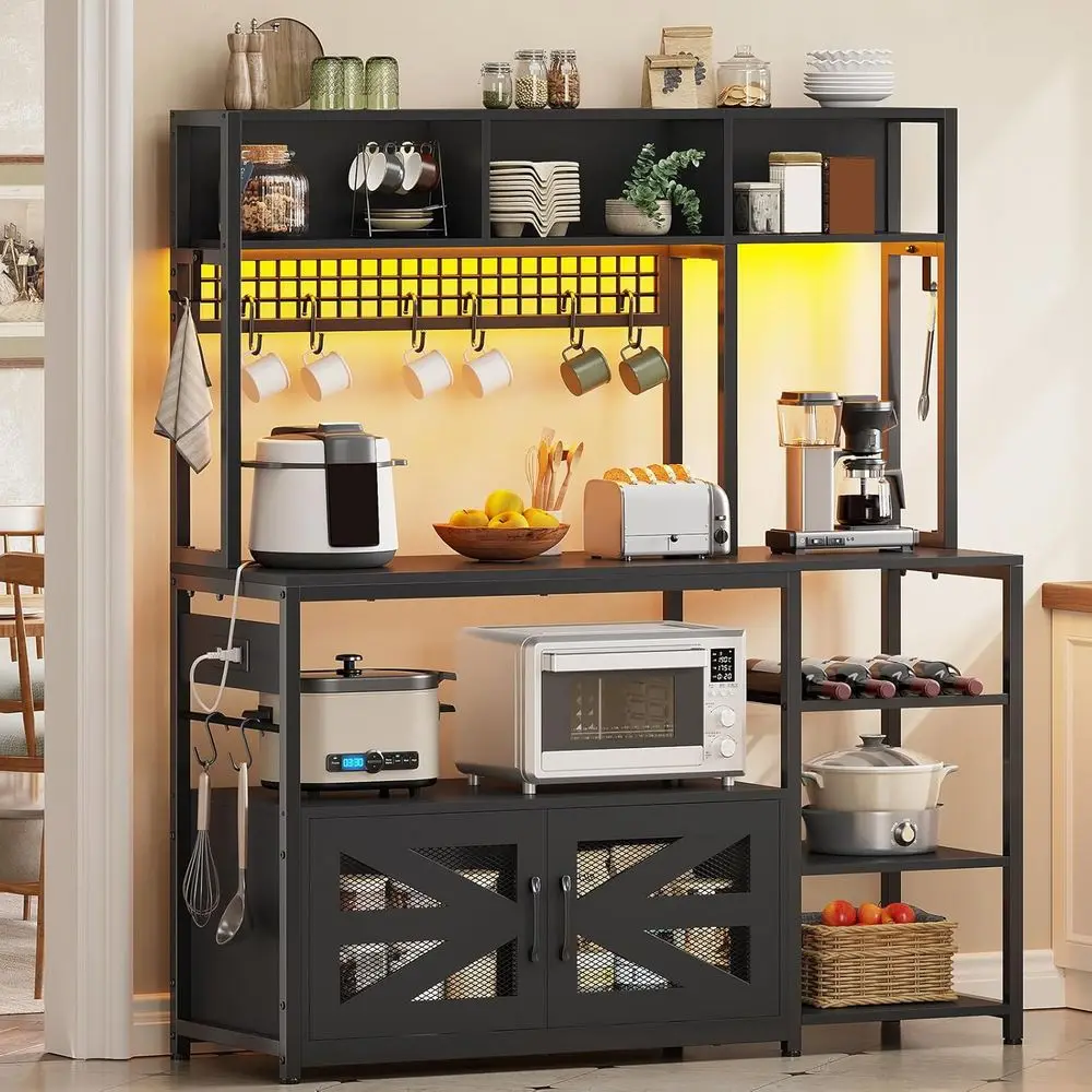 

47.2 Black Metal Baker's Rack with Power Outlet, Storage, Wine Rack, and Hooks