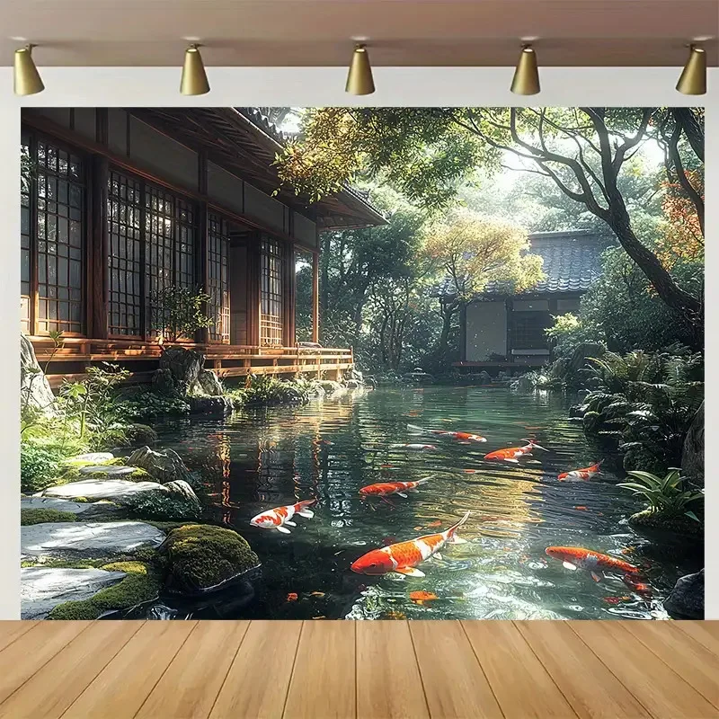 Tapiz de pared de jardín plano y japonés 2D: diseño de estanque de peces y shoji Zen Koi con vegetación, casa tradicional similar a pagoda