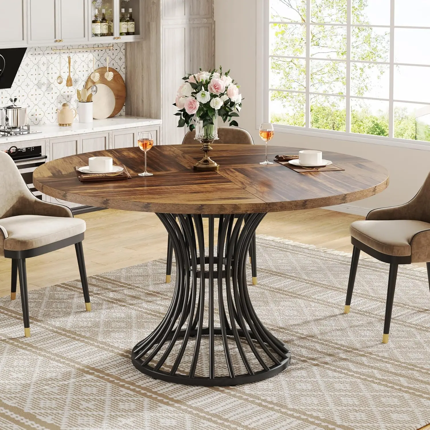 Round Dining Table for 4-6 People, 47" Large Rectangular Kitchen Table with Geometric Legs, Unique Dinner Table Kitchen