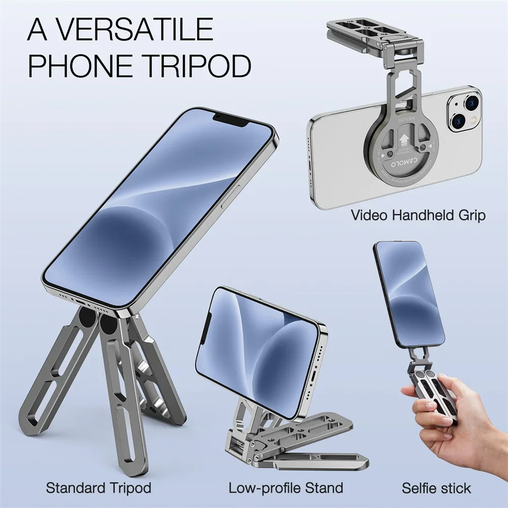 Foldable Magnetic Selfie Stick Tripod w Arca Plate 1/4-20 Cold Shoe Desktop Phone Tripod Mount for Magsafe Iphone 15 14 Samsung