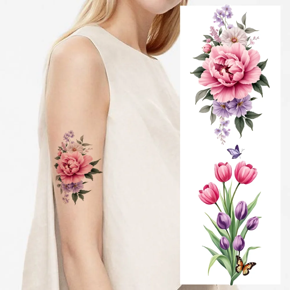 

9pcs Temporary Tattoo Roses Colorful Daisies Lavender Waterproof Long-lasting Body Stickers Cherry Blossoms For Arms Male