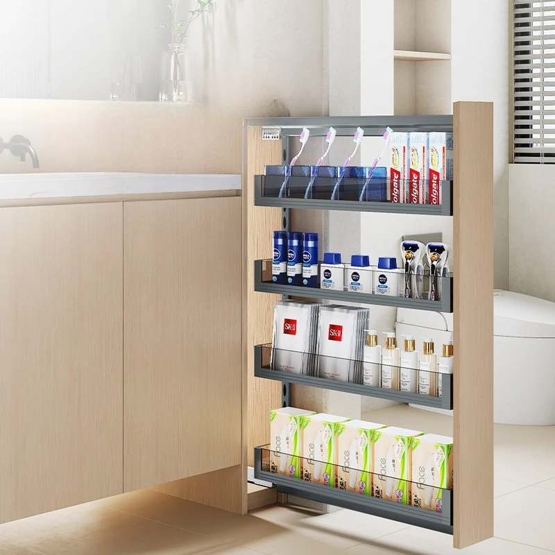 

Bathroom half wall pull basket drawer type dry and wet separation side cabinet shelf is very narrow bathroom pull cabinet basket