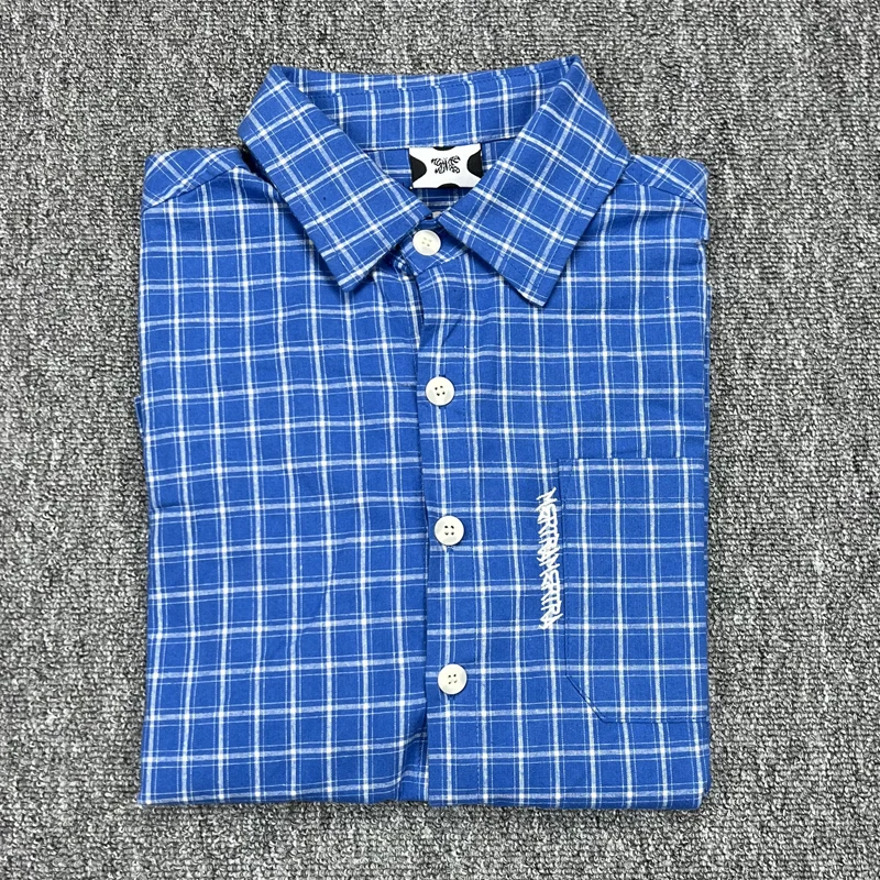 2026 Real Photo Deep Blue Embroidered Logo Printed Buttons Lapel Casual Shirt Fashion Checkered Mertra Short Sleeved Shirt