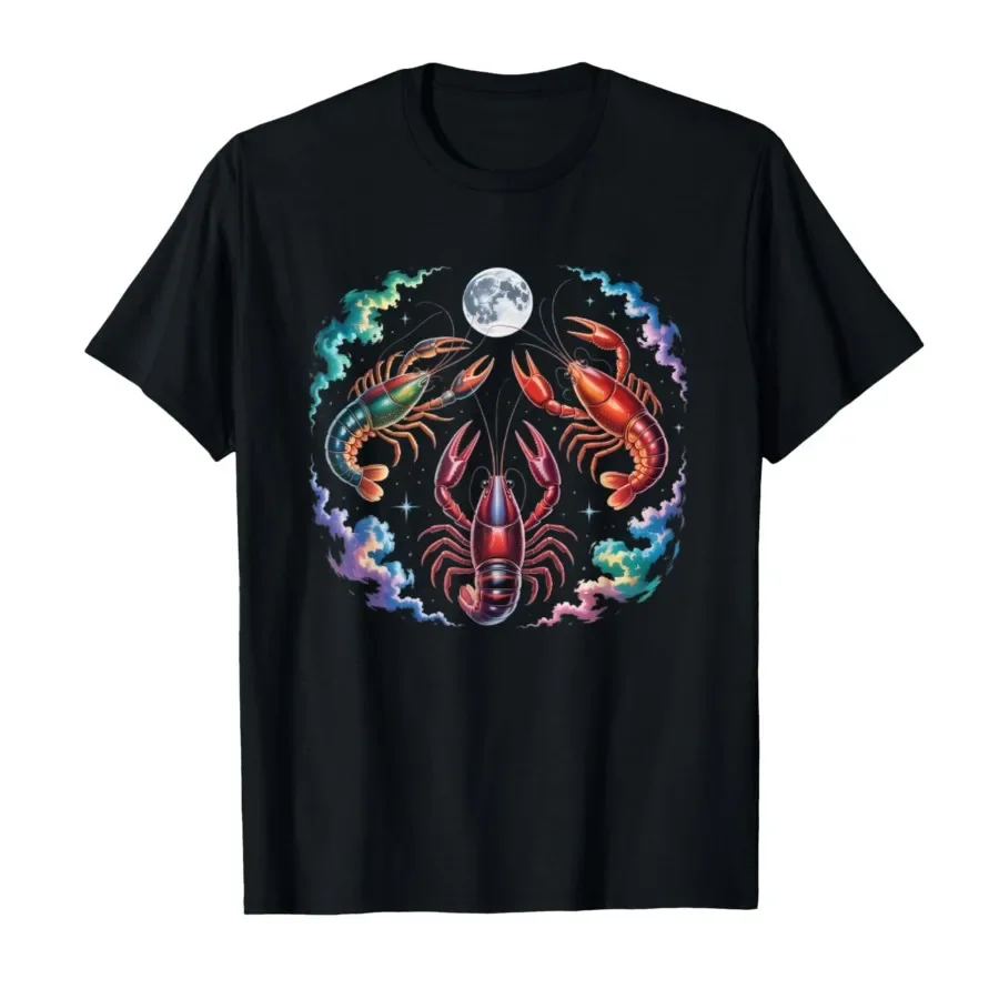 

3 Crawfish Moon Galaxy Space Retro Animal T-shirt For Men Women 100% Cotton T Shirts Short Sleeve Tops 0424-3