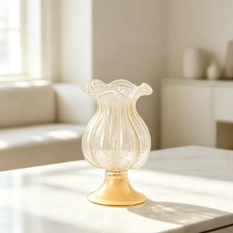 1pc Mid-century Glass Vase Retro French Style Flower Vase Aesthetic Desktop Ornament for Hydroponic Fresh Flowers
