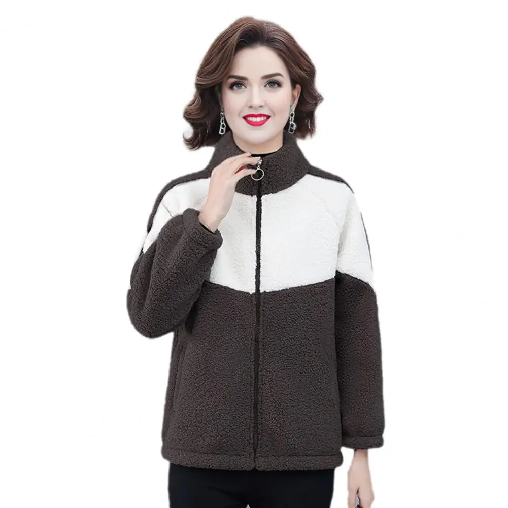 Stand-up Collar Coat Women Jacket Colorblock Fleece Winter Coat with Stand Collar Zip-up Cardigan for Women Cold-proof for Wear