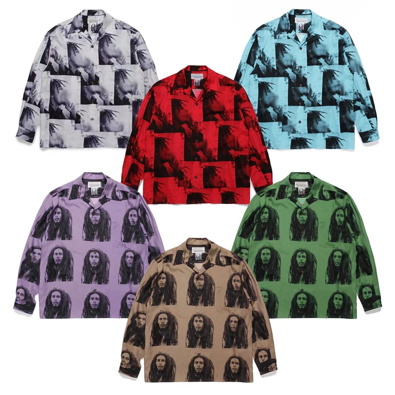 

Pdmcms 22aw Autumn/winter New Bob Marley Reggae Rock Cuban Collar Artificial Silk Hawaiian Long Sleeved Shirt For Men