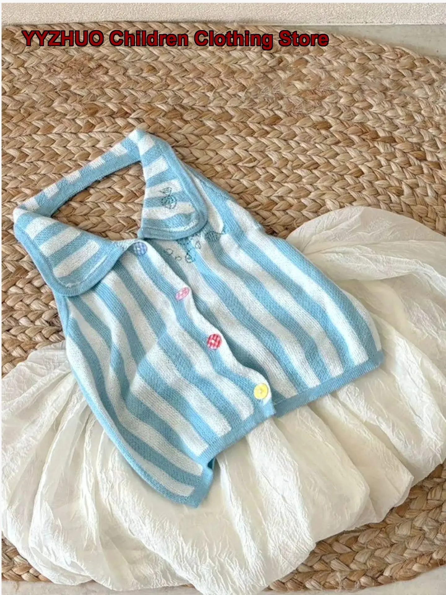 Girls Summer Tank Top Baby Striped Halter Neck Blue and White Gradient Knit Top