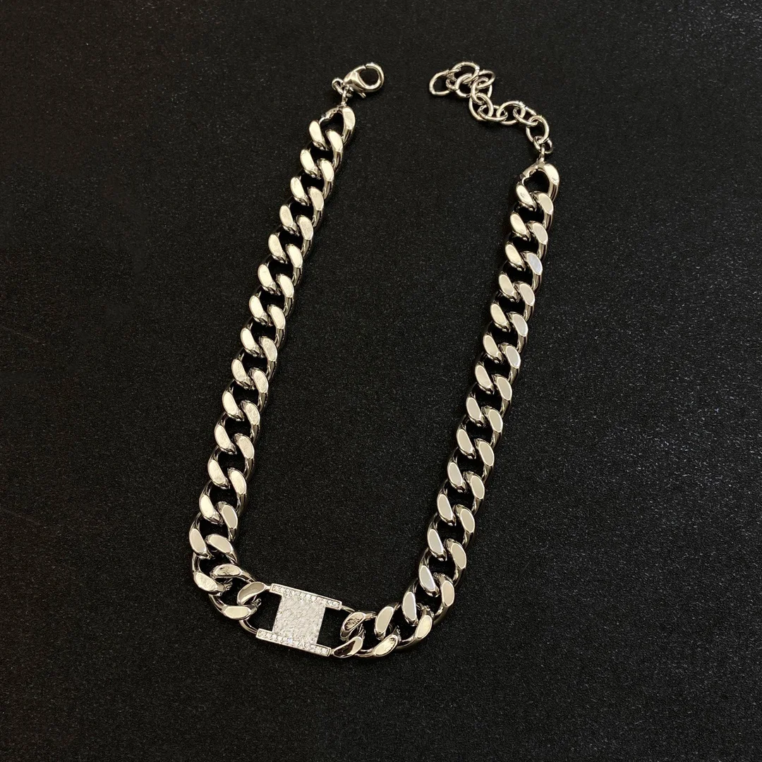 

Classic trend men and women punk style silver metal letters with diamonds necklace bracelet jewelry set luxury design