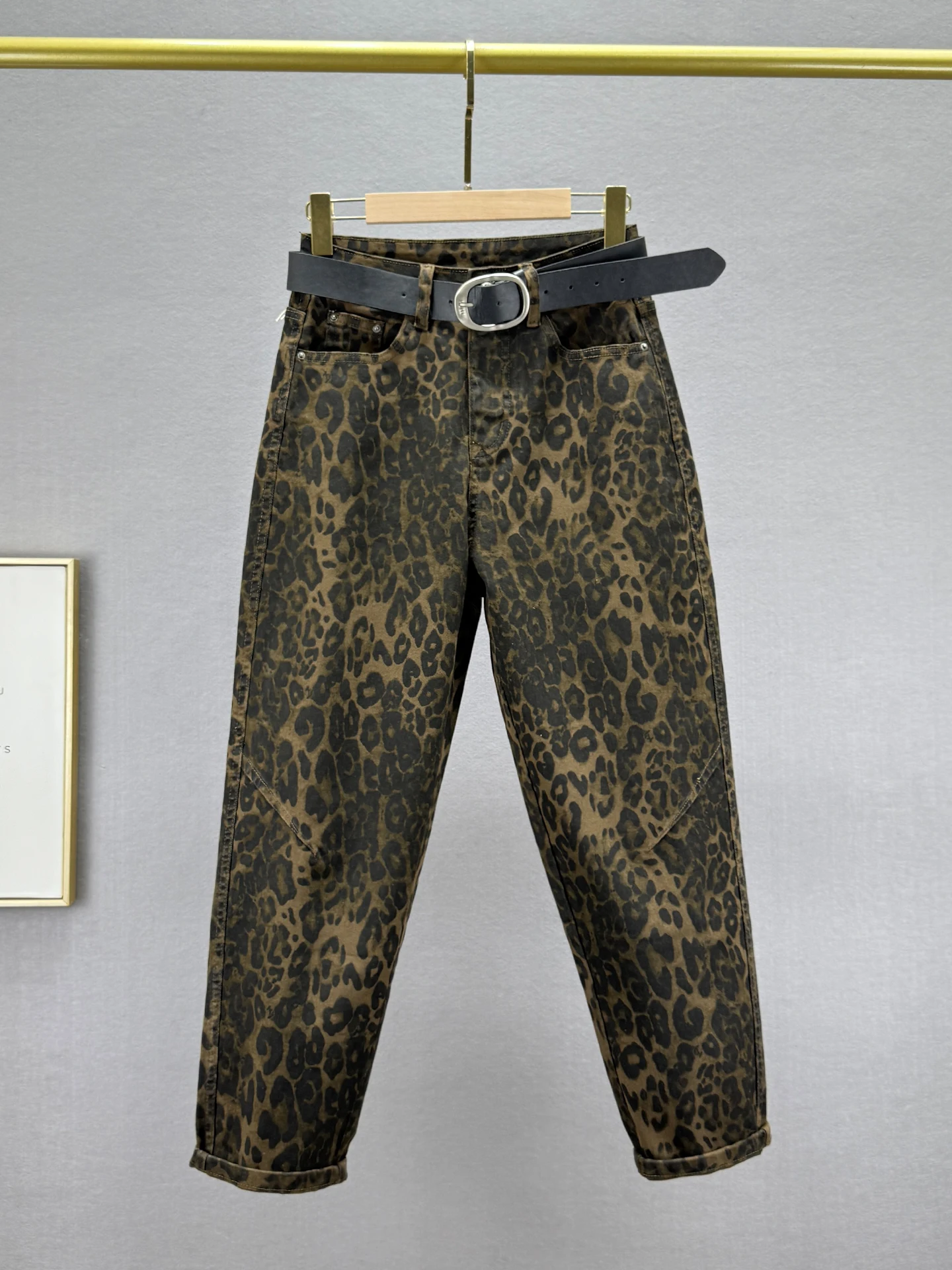 

Джинсы с леопардовым принтом и высокой талией, женские джинсы Harlan Sle свободного кроя, утягивающие, в гонконгском стиле, модные, из девяти частей, трендовые