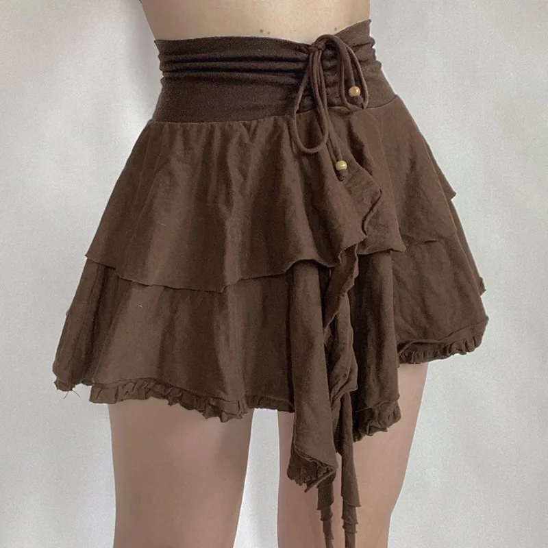 2024 Summer New Irregular Drawstring High Waist Skirt for Women Solid Color Retro American Court Style Cake Skirt