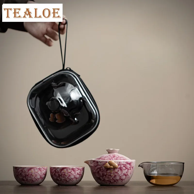 

Antique Ru Kiln Peony Flower Tea Set Kit Aesthetic 1 Pot 2 Cups Tea Making Portable Travel Organizer Bags Chinese Tea Set Gift