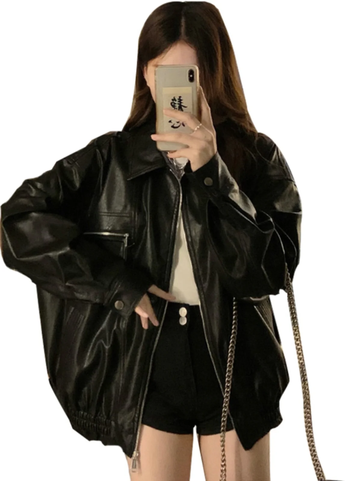 Premium Feel Leather Jaet Women's Spring Autumn American Sle Bla Sweet Cool Motorcycle PU Leather Loose Jaet Top Trendy