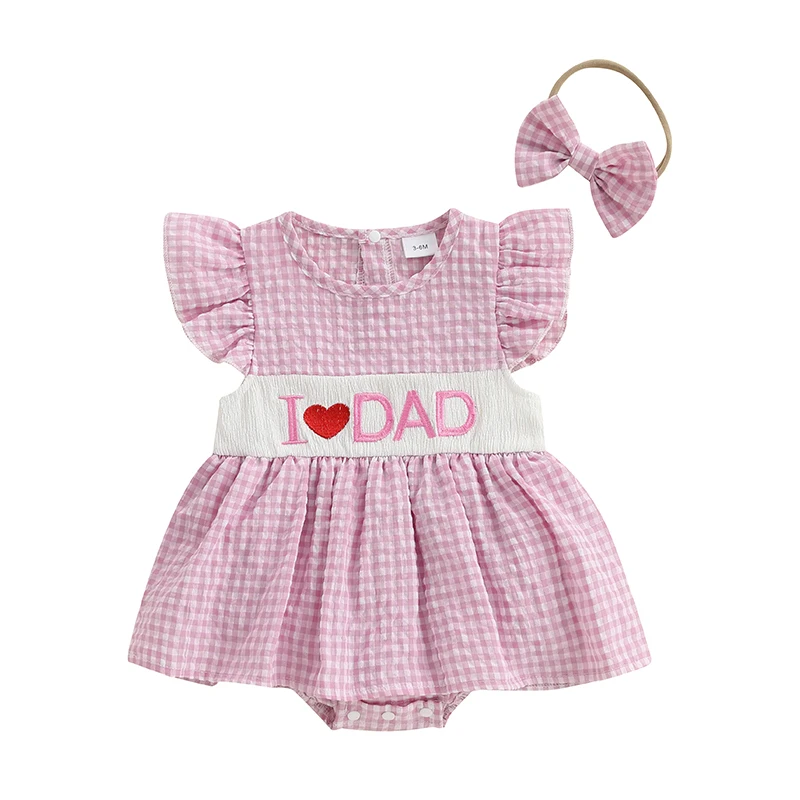 

0-18M Baby Girl Summer Clothes Fly Sleeve Smocked Romper Dress Heart Letter Embroidery Dress Headband Fathers Day Outfit