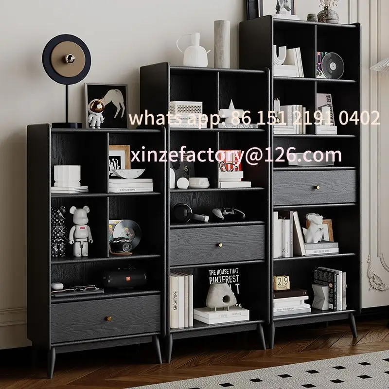

Customizable all solid wood bookcase retro black bookcase light luxury medieval living room American display locker