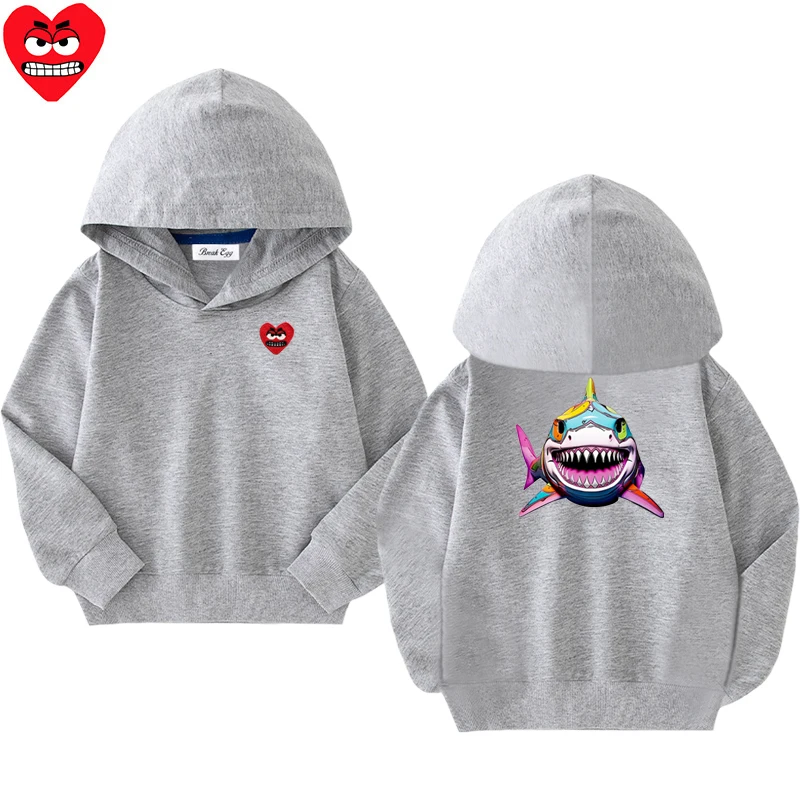 Sudadera con capucha con estampado de tiburones para niño y niña, Jersey fino de algodón con bordado de corazón rojo bonito, sudadera informal holgada para niño de otoño