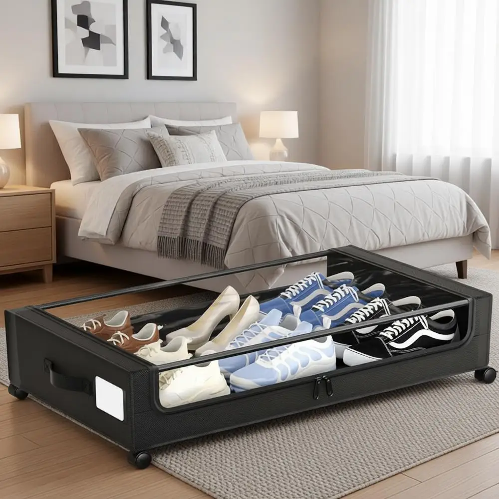 

XXL 60L Rolling Under Bed Storage Boxes with Clear Lids, Set of 2, for Clothes, Shoes, and Toys (Black)