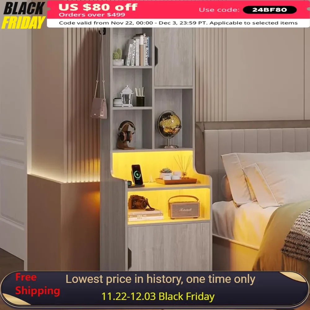 

67 Inch High with Charging Station Nightstands,LED Bedside Table with Shelves and Storage Cabinets, Bedroom Nightstands