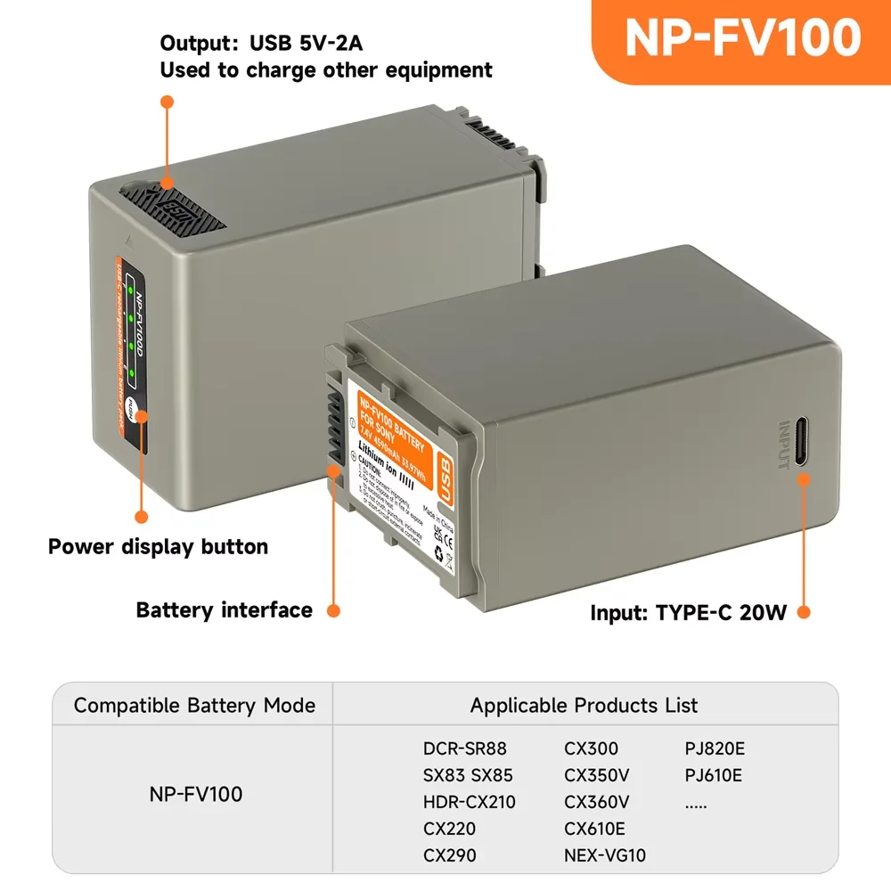 NP FV100 NP-FV100 NPFV100A Batteris USB akumulator NPFV100 do Sony NP FV30 FV50 FV70 SX83E SX63E FDR-AX100E AX100E