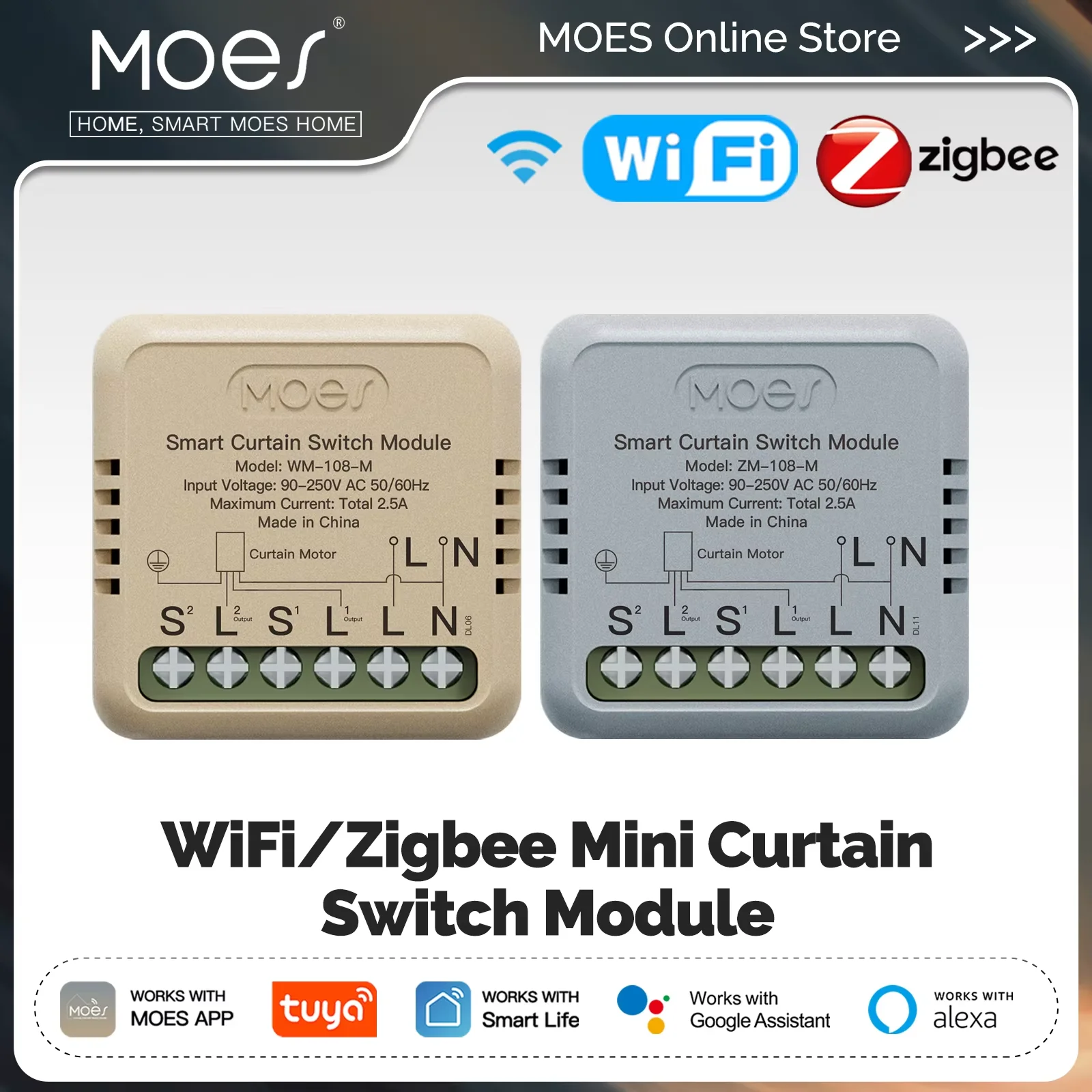 MOES Tuya WiFi/ZigBee Smart Curtain Switch Mini Module For Rocker Reset Switch, App Remote Control Work With Alexa Google Home