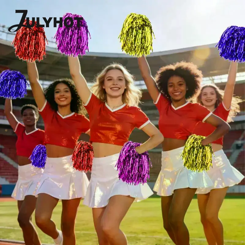 Cheerleading Pom Poms With Shiny Metallic Foil And Plastic Handle For Sports Events Cheer Shows Parties