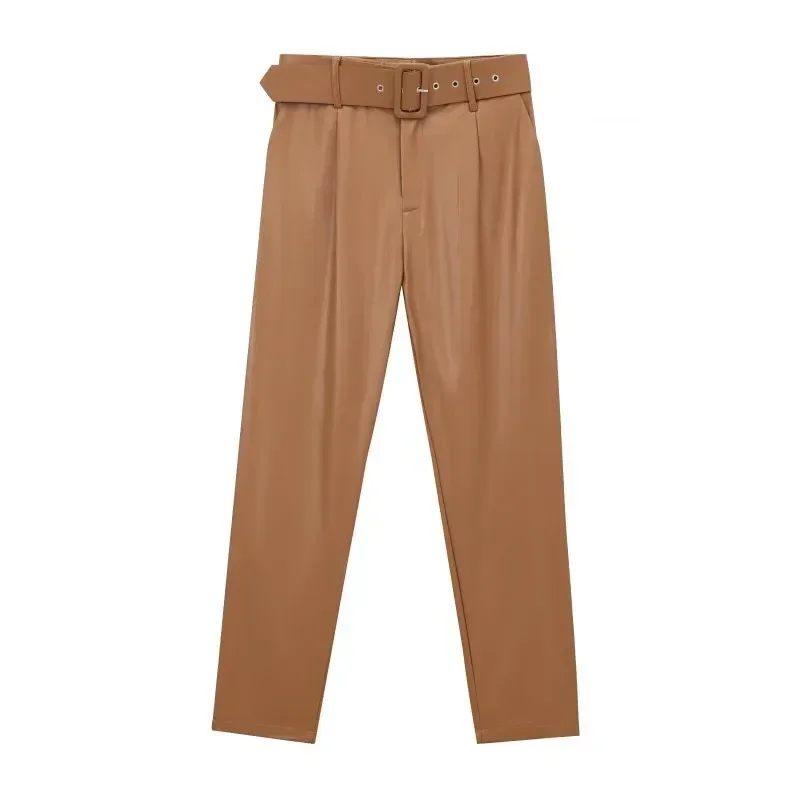 

TRAF ZR Solid Pants High Waisted Pants Women Fall Fashion American Vintage Leather Trousers England Style Sashes Woman Trousers