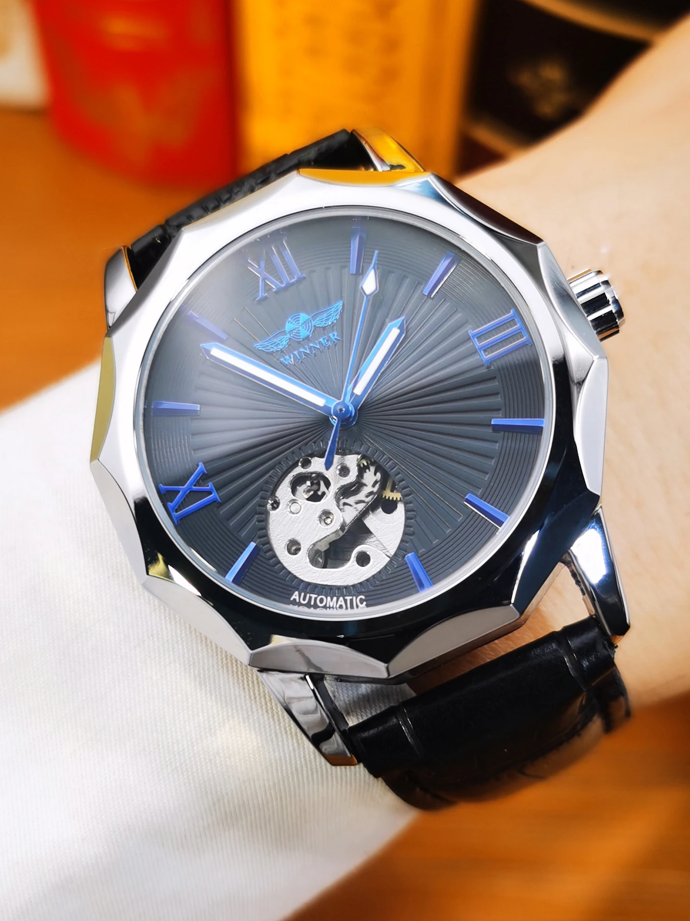 WINNER Business Irregular Skeleton Automatic Mechanical Watch for Men Luminous Hands Leather Steel Strap Fashion Simple Watches