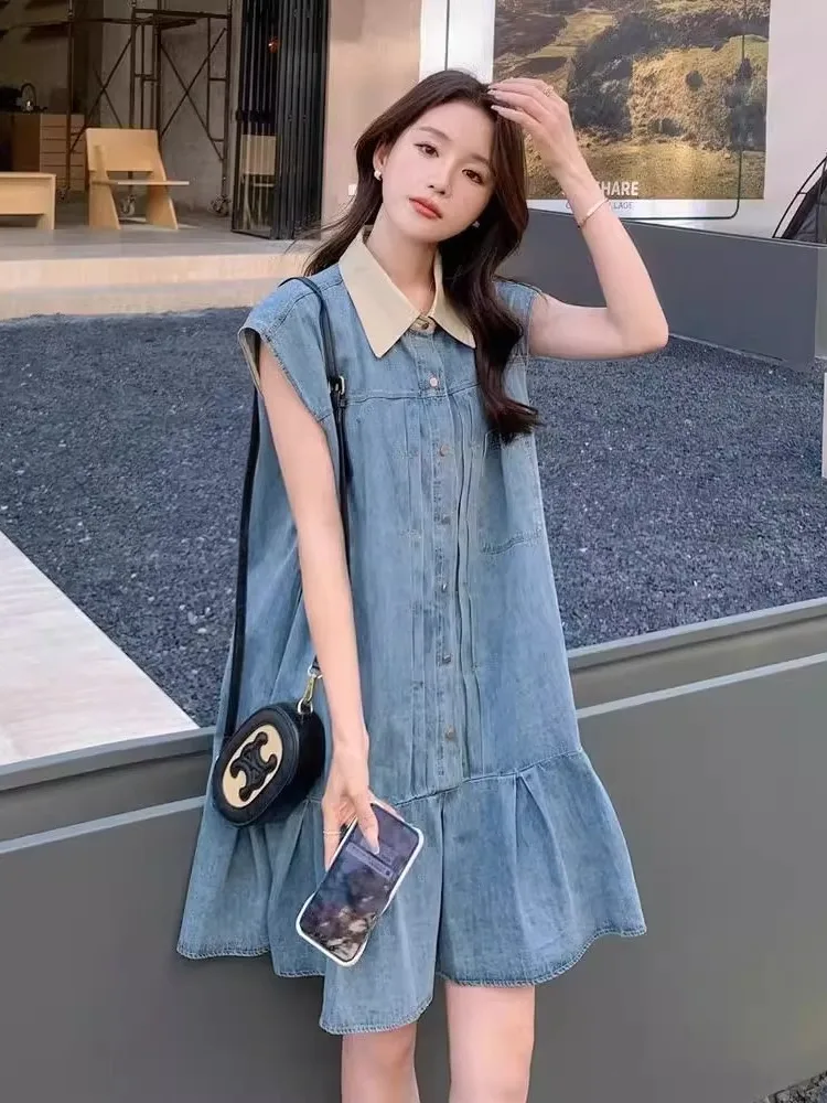 

plus Size Neck Sleeveless Denim Dress Casual A-Line Midi Dress for Women Summer Slimming Comfortable Breathable Skirt