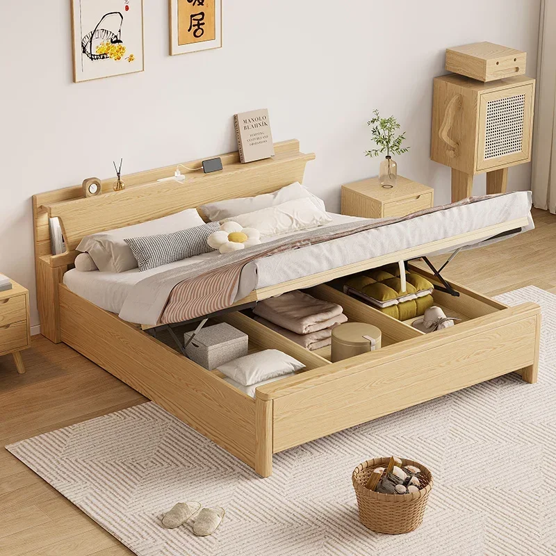 White wax wood full solid wood bed, simple and modern Nordic double master bed, large bed storage, Japanese style, image 5