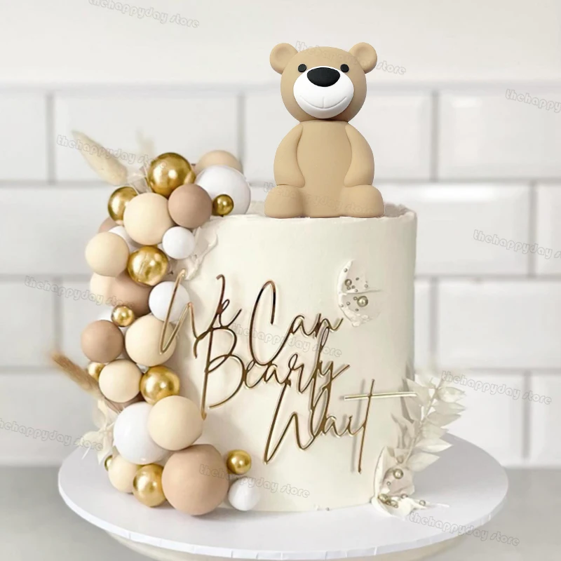 41Pcs Cream Brown Gold Balls Cake Toppers Boho Birthday Cake Decorations Bear Theme Birthday We can bearly Wait Baby Shower Cake