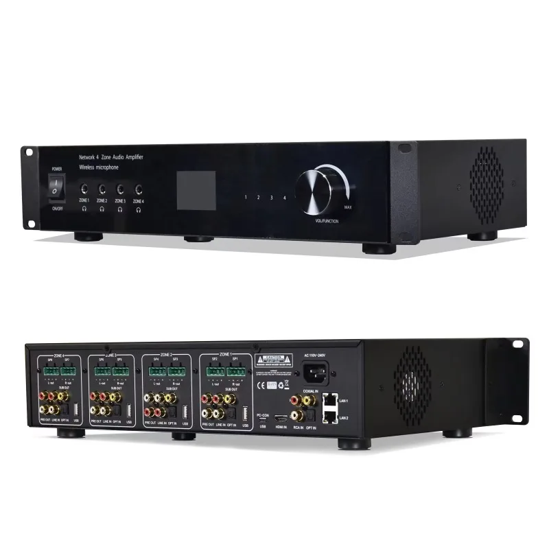4 Zone Network Audio Amplifier LINE BT5.0 H-DMI Coaxial Optical USB Subwoofer 50Wx16 Channel Support Wireless Mic Broadcast