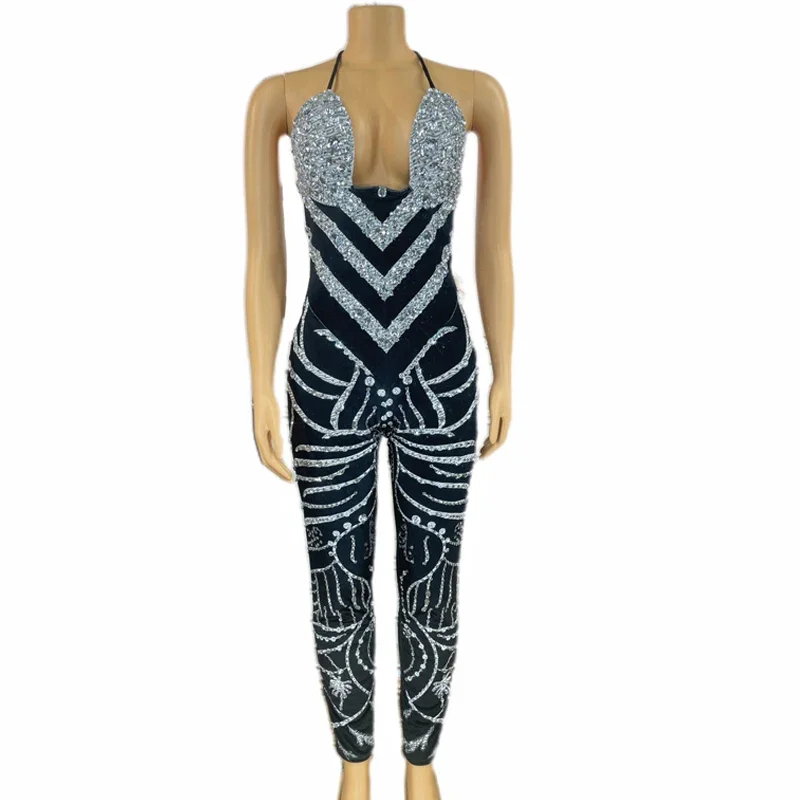 セクシーな黒のベルベットのラインストーンパネルロンパースホルタージャンプスーツポールダンス衣装女性ステージフェスティバル衣装絶賛服 XS4947