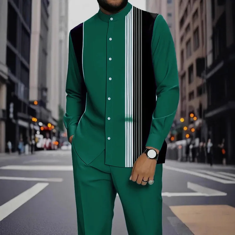 QICHE Men European American Ethnic Style 3D Print Stand Collar Long Sleeve Shirt Long Pants Two Piece Casual Outfit