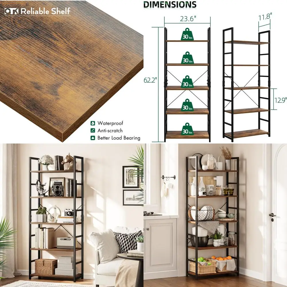 

Contemporary 5-Tier Tall Bookshelf, Storage Organizer, Modern Living Room, Bedroom, and Home Office Bookcase, Vintage Style