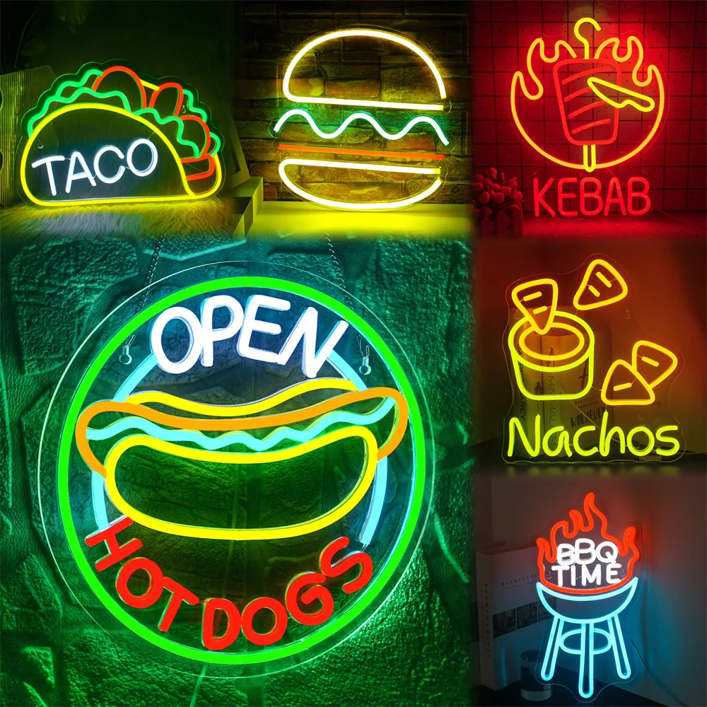 Hot Dogs Neon Signs For Wall Decor Hamburg Neon LED Lights For Business Fast Food Shop Christmas Birthday Party Room Decoration