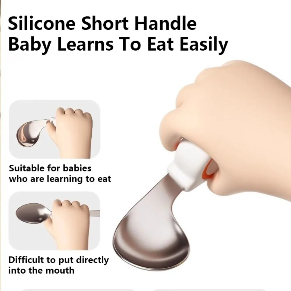 

Silicone Baby Fork and Spoon Set 316 Stainless Steel with Storage Box Baby Cutlery Self Feeding Short Handle Child Tableware