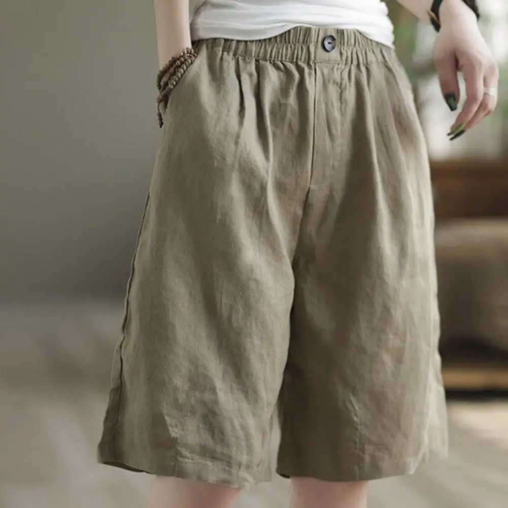 

Elastic Waist Trousers Stylish Women's Knee-length Shorts Elastic High Waist Loose Fit Pockets for Casual Beach or Everyday Wear