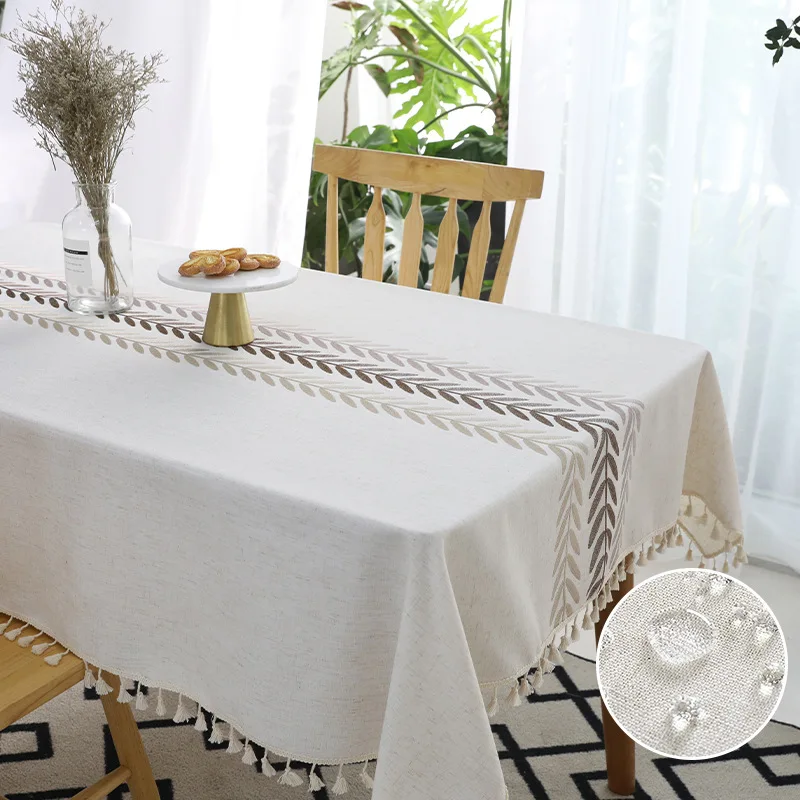 

Japanese Waterproof Embroidered Cotton Linen Tassel Tablecloth Rectangular Household Dining Table Table Cloth