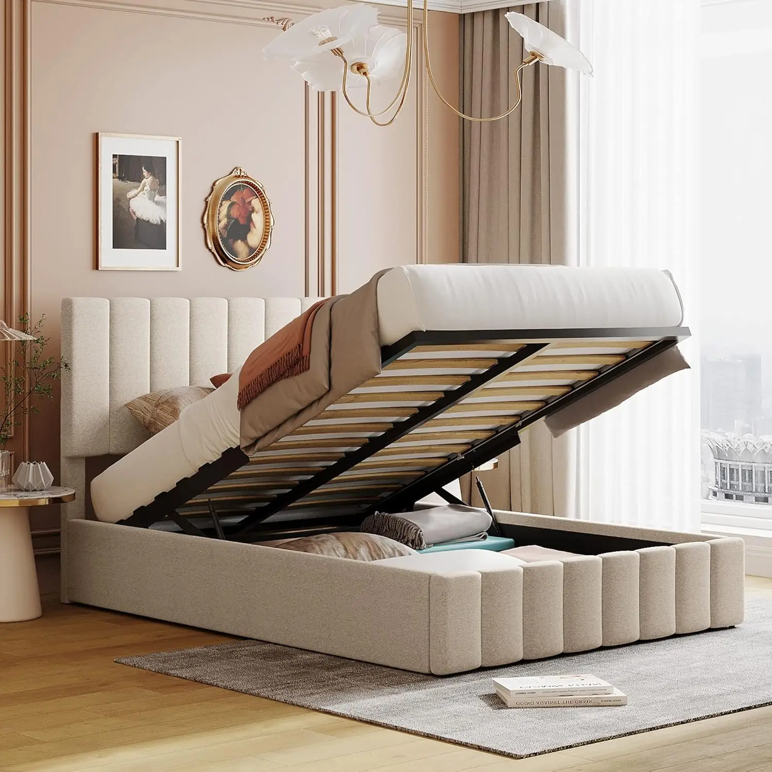 Upholstered Full Size beds Gas Lift Up Storage Platform Bed Frame with Tufted Headboard Wooden