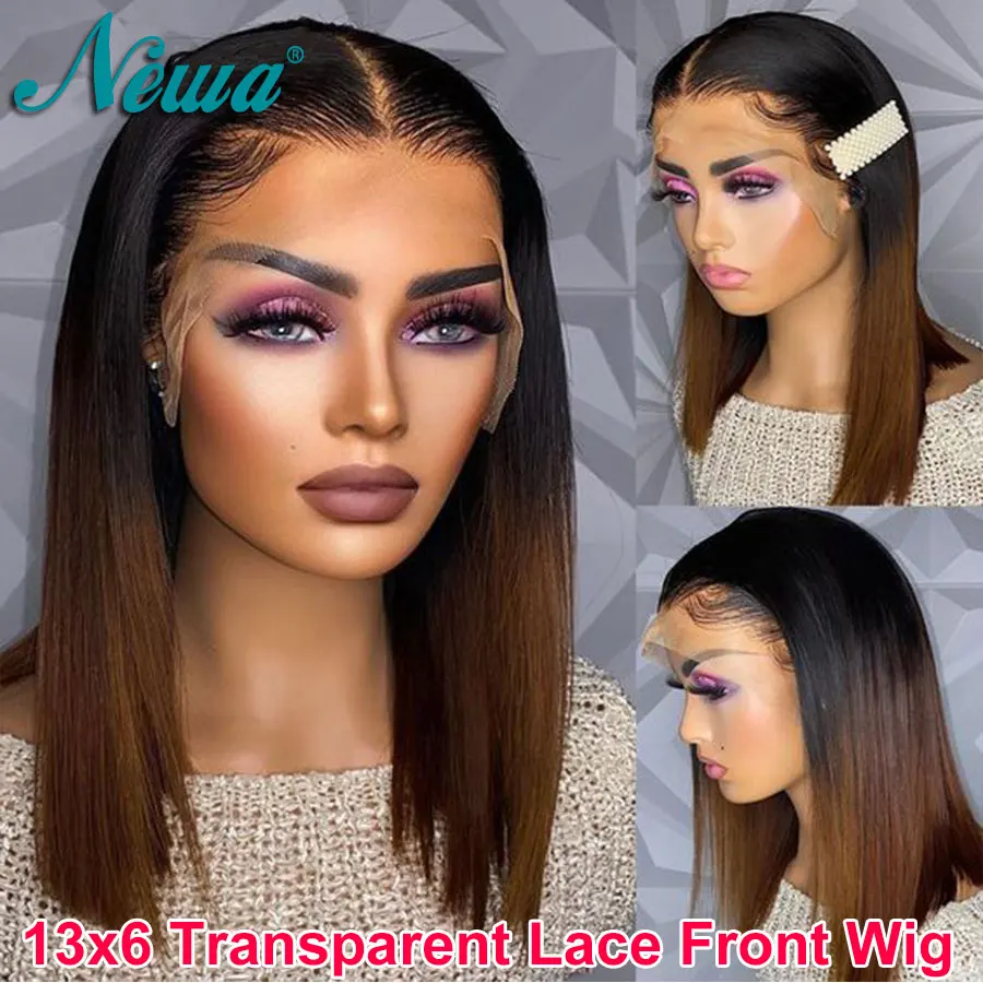 

Newa Hair Short Bob Straight Wig 13x6 Lace Front Wig Transparent Lace Human Hair Wig Pre Plucked Ombre Color Brazilian Wig 13x6