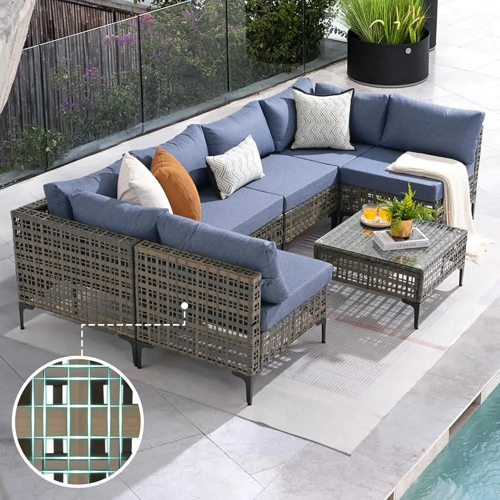 

7 Piece Wicker Patio Furniture Set, Metal-Colored Pe Rattan Outdoor Sofa Set Patio Sectional With Water Resistant Cushion And