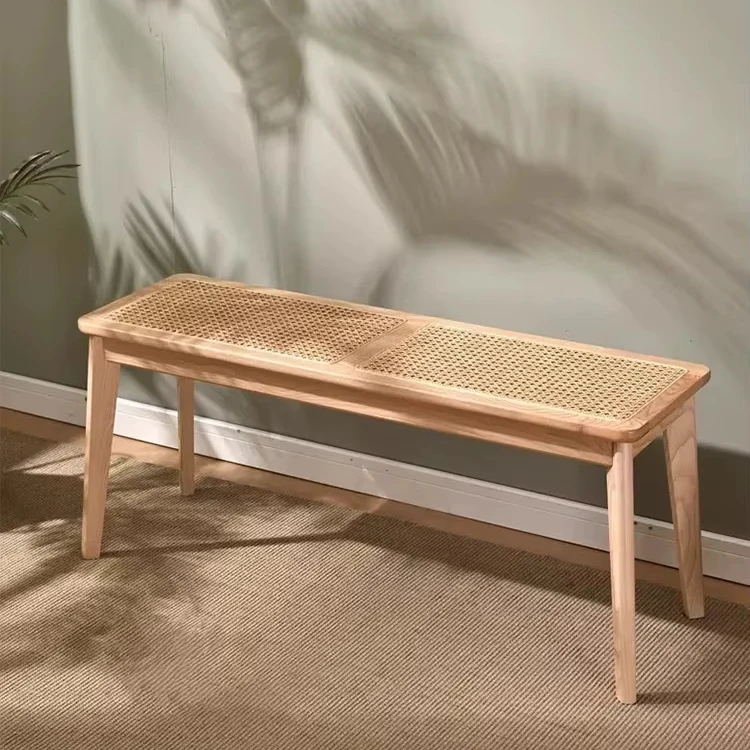 #Ready To Ship Modern Integral Solid Wood On Both Sides Of Curved Exquisite Stool Bamboo Weaving Long Stool Bench Console