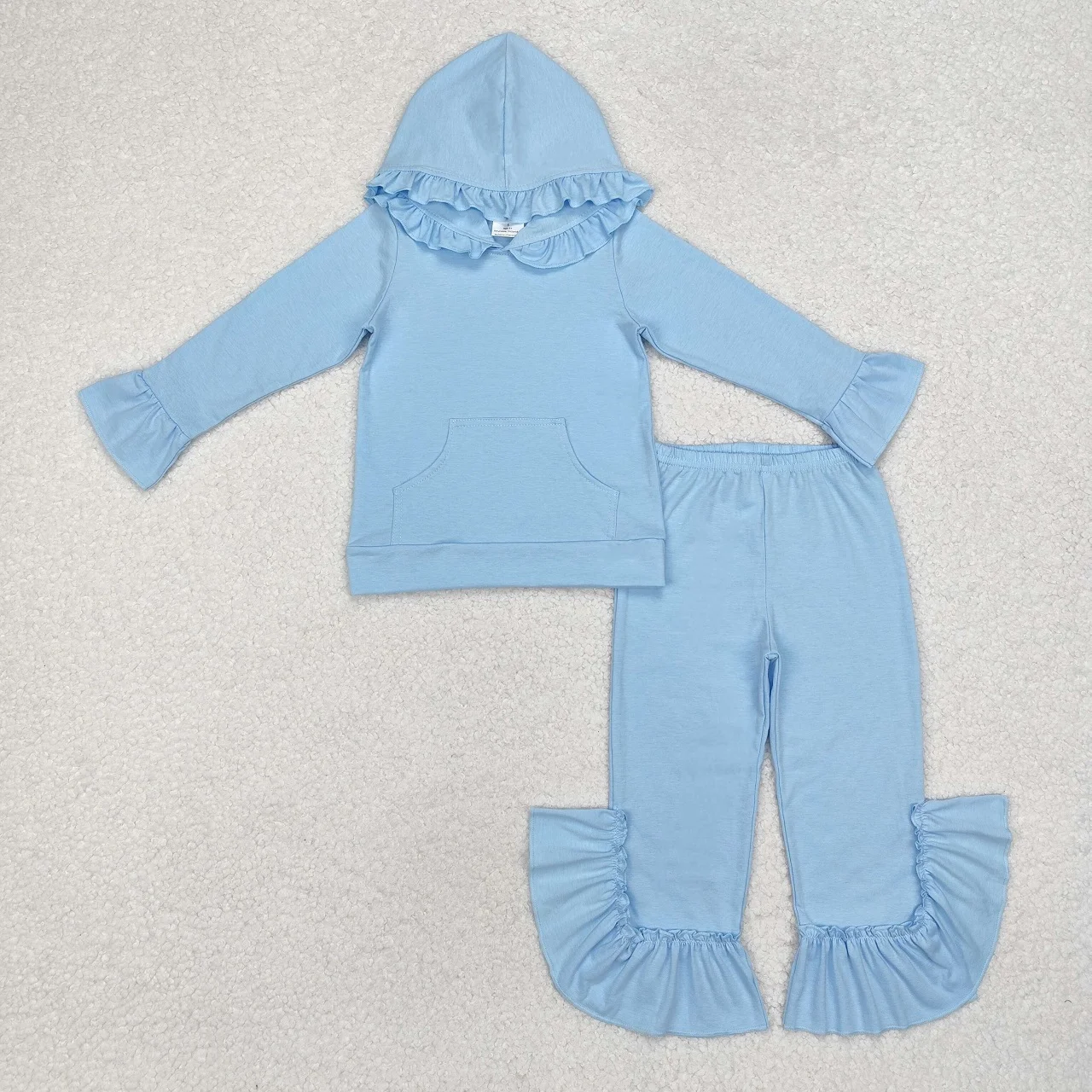 Grosir anak-anak katun biru musim semi gugur pakaian bayi gadis balita lengan panjang kemeja atasan anak-anak Ruffle celana Hoodie Set