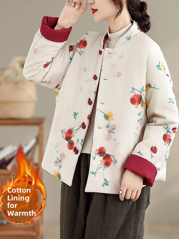 

Large Size Women's Cotton Jaet Double-Sided Print Pomeanate Pattern Stand Collar Button Design Winter Warm Traditional Ch...