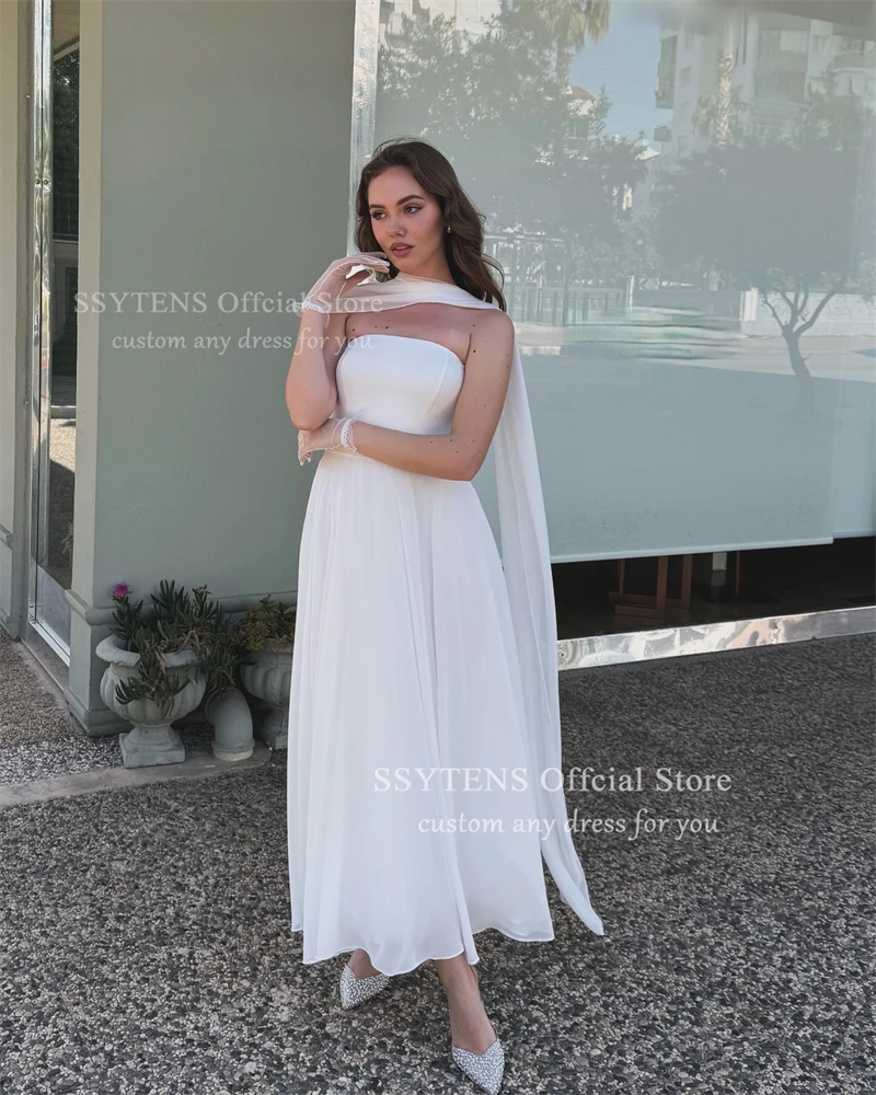 SSYTENS White Wedding Dresses Simple Strapless Beach Bridal Dress with Scarf Ankle-Length Satin Civil Wedding Gowns Customized