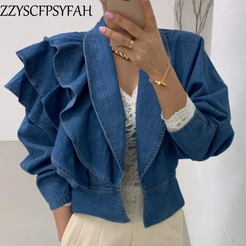 Korean Chic Vintage design waist closed short denim jacket women Port style Lapel versatile Ruffle office lady wear jean coat